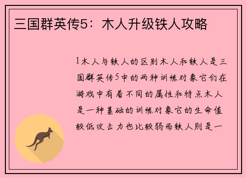 三国群英传5：木人升级铁人攻略